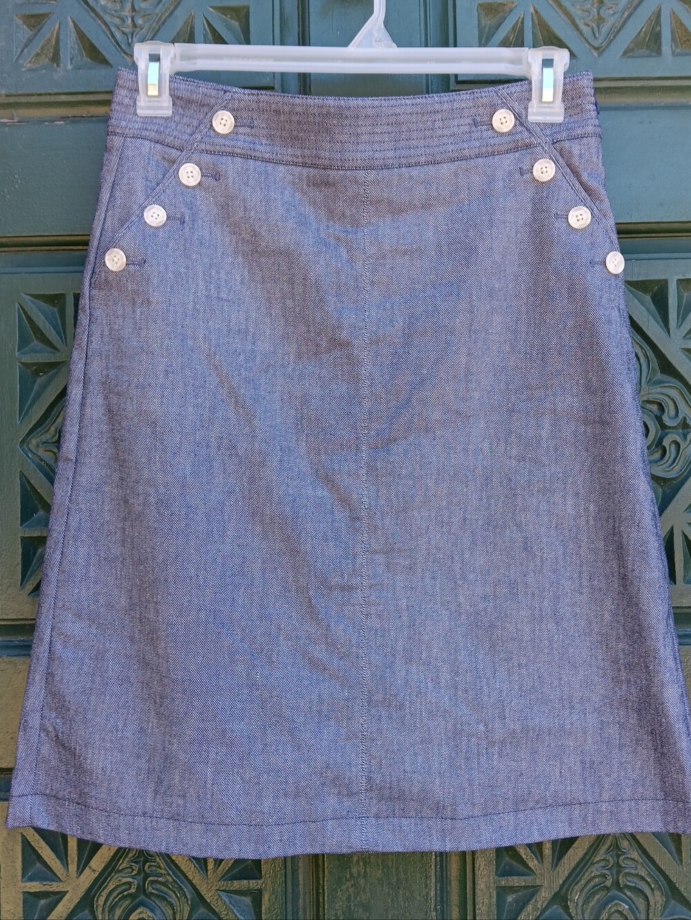 Talbots Chambray Blue A-Line Skirt with White Buttons